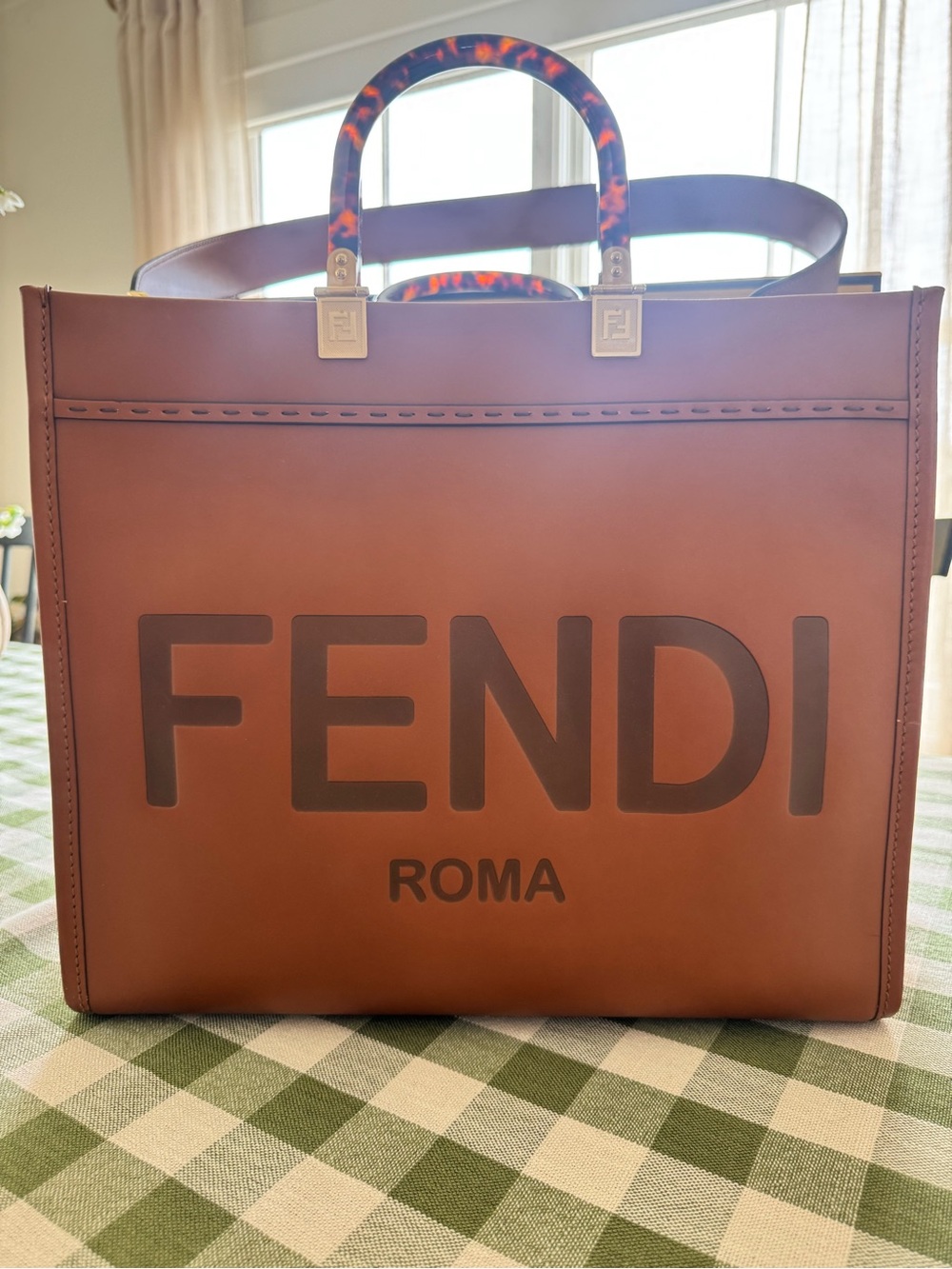 Fendi Brown Leather Roma Logo Tote with Patterned Handles